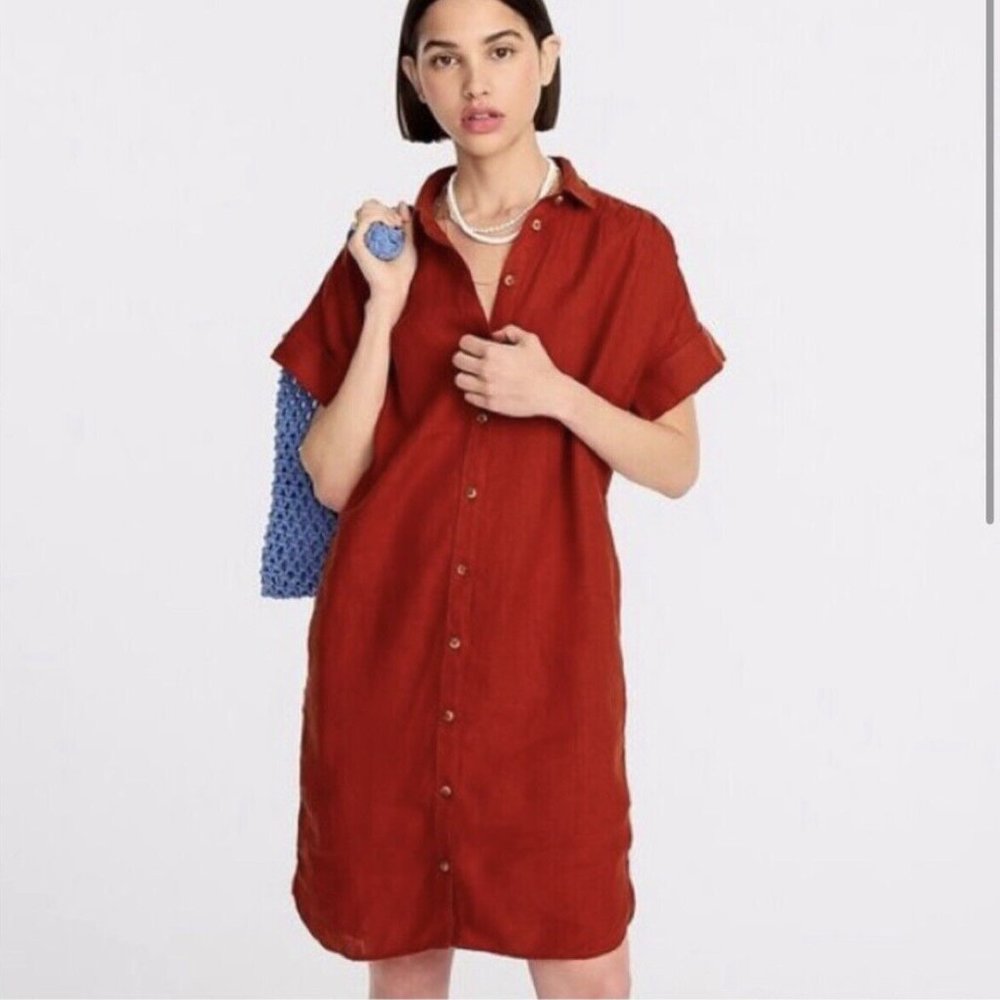 NWT J. Crew Short-Sleeve Baird McNutt Irish Linen Shirt Dress Radio Red Tall Med